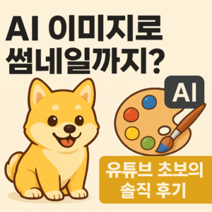 AI이미지로 썸네일까지 라는 문구가 위에 있고 좌측하단에는 강아지 그리이 오른쪽에는 붓과 파레트 그림. 그 아래에는 유투브 초보의 솔직 후기 라는 텍스트가 있음.
