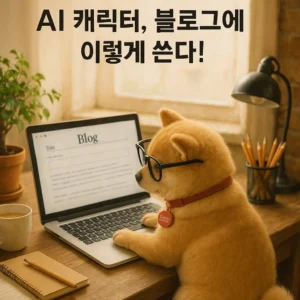 안경쓴 강아지가 노트북 타이핑을 하는 모습. 위에는 "AI캐릭터, 블로그에 이렇게 쓴다!" 라고 써 있음