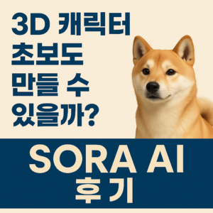 오른쪽에 진도개, 오른쪽과 아래에는 텍스트로 3D캐릭터 초보도 만들 수 있을까? Soara ai후기라고 적혀있음