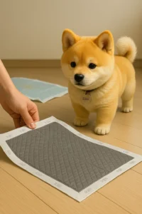 으뜸이가 검은색 배변 패드를 바라보고 있는 모습