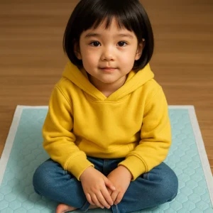 노란 후드티를 입은 짧은 머리의 아이가 앉아있따.