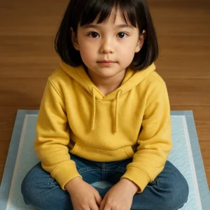 노란 후드티를입은 단발머리의 여자아이가 앉아있다.