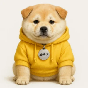 후드를 입은 통통한 강아지. 으뜸이라는 목걸이를 차고 있다.