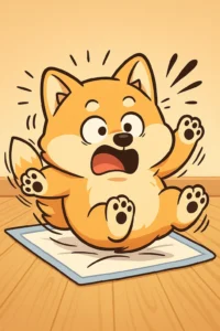 강아지가패드위에서 놀라는 모습의 그림
