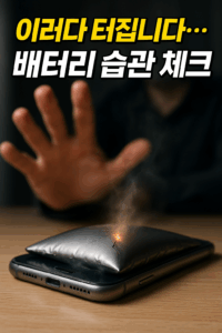 핸드폰이 테이블 위에 있고 부풀어 오르면서 연기가 나고 있고 다급한 손이 뒤에 보인다. 위에 텍스트 이러다 터집니다...베터리 습관체크 라고 되어있다.