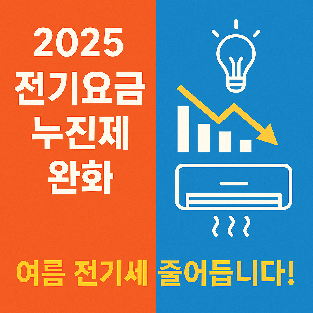 왼쪽에 2025전기요금 누진제 완화 텍스트오른쪽에는 간단한 그래프 양식.
왼쪽은 주황색, 오른쪽은 파란색임.