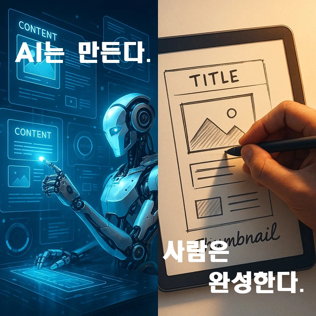 왼쪽에 로봇 이미지 오른쪽엔는 사람 손이 펜으로 그림을 그리고 있음. 왼쪽 위에는 AI는 만든다, 오른쪽 아래에는 사람은 완성한다 텍스트가 있음
