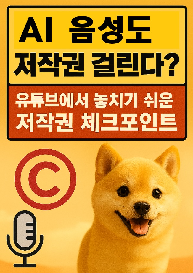 AI음성도 저작권 걸린다 텍스트가 위에 박스에 있고 아래에는 진도 강아지가 있다. 노란 배경에 황구