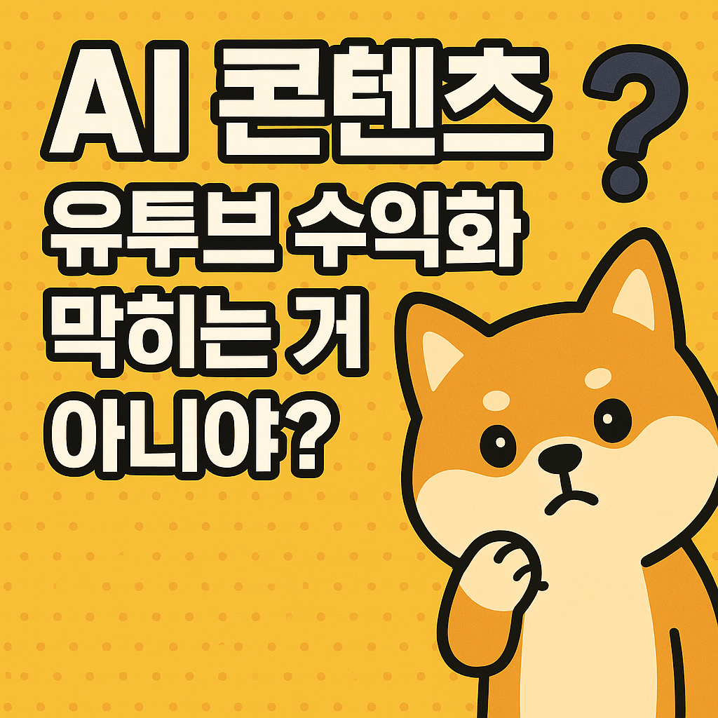노란 바탕에 2D진돗개 캐릭터가 궁금해 하는 모습으로 오른쪽 하단에 있고 위쪽에는 'AI콘텐츠 유부브 수익화 막히는거 아니야?'라는 텍스트가 있음