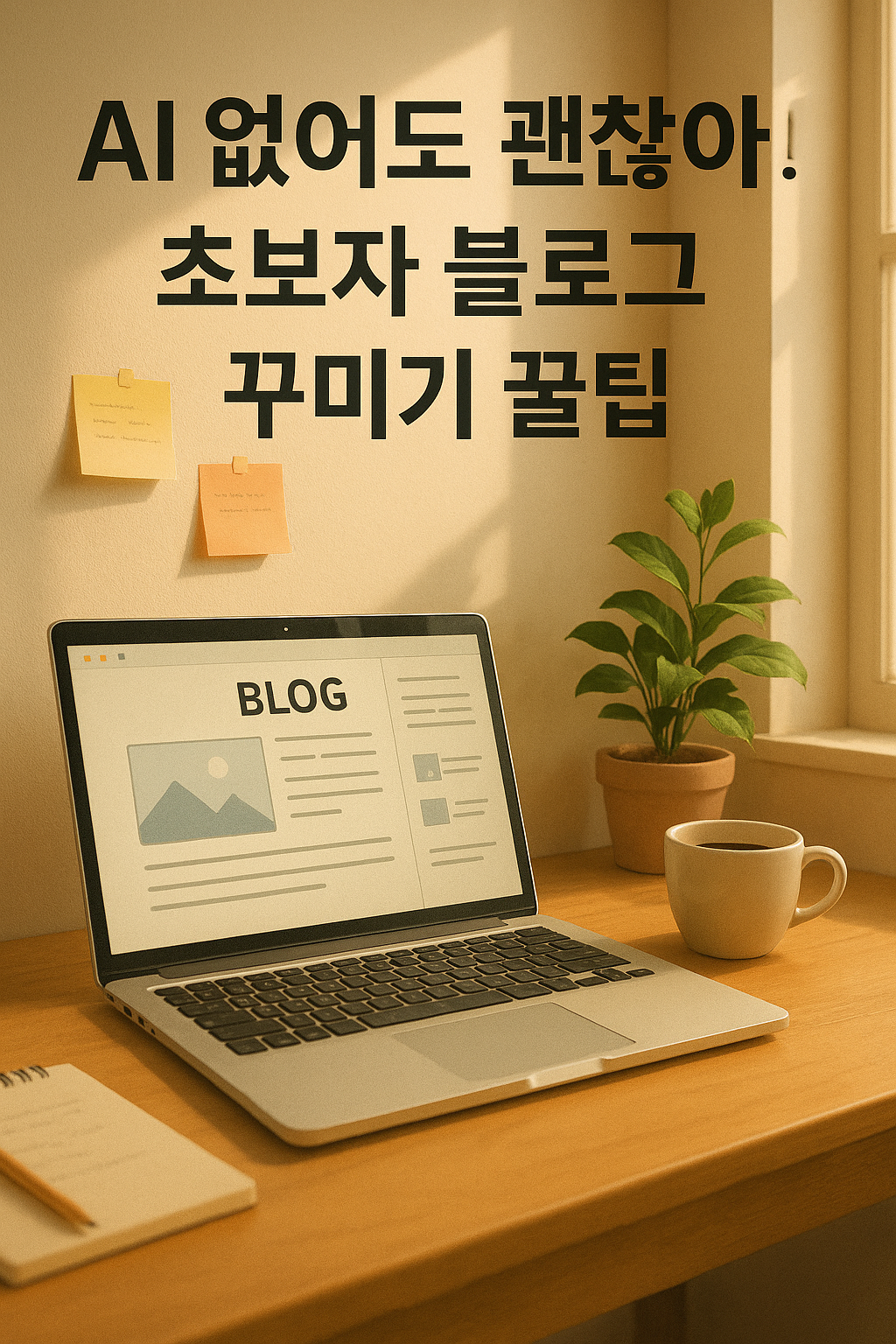 따스한 빛 속 창가옆에 나무로돈 책상위에 노트북이 있고 오른쪽엔 커피잔과 작은 화분이 벽에는 포스트잇이 붙어있고 상단엔 'AI없어도 괜찮아 초보자 블로그 꾸미기 꿀팁'이란느 텍스트가 있음