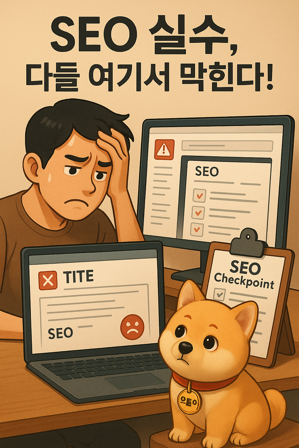 남자가 모니터 앞에서 골치아픈 표정으로 머리를 만지고 있고 책상위에는 노트북이 있고 그앞에는 진도개도 한마리 앉아있다.
