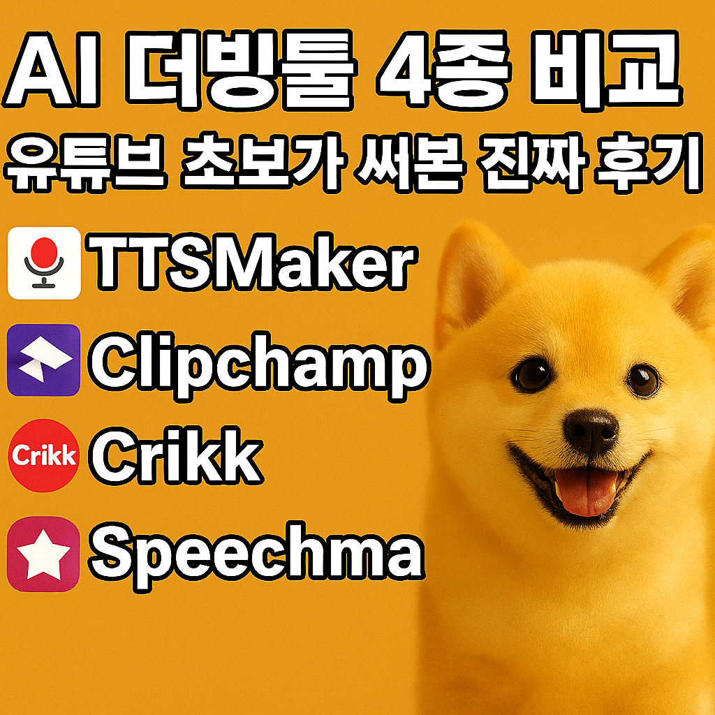 'Ai 더빙툴 4종 비교 유튜브 초보가 써본 진짜후기' 텍스트가 위에 있고 오른쪽 하단에는 진도개가 웃으며 앉아있는듯한 모습