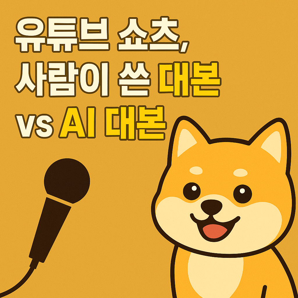 오른쪽 아래에 강아지 그림있고 왼쪽아래에는 마이크 그림. 위에는 유튜브 쇼츠, 사람이 쓴 대본 vs AI대본 이라고 텍스트가 있음