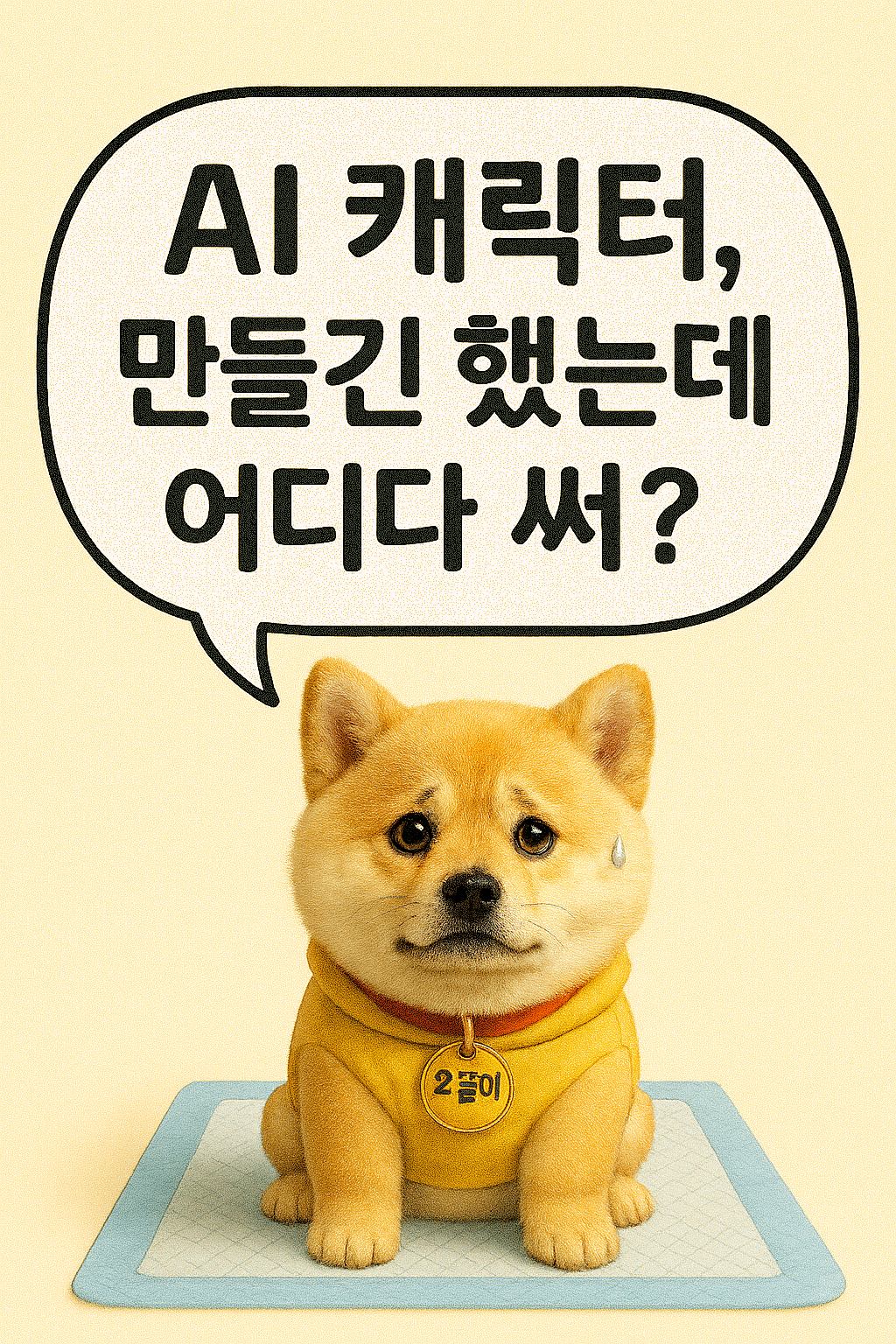 파란 패드위에 강아지 한마리가 앉아있고 위에 말품선으로 AI캐릭터 만들긴 했는데 어디다 써? 라고 되어있음.