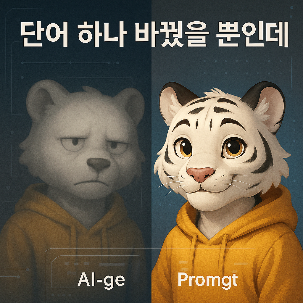 왼쪽에는 곰인지 뭔지 하얀 동물이 어두운곳에 노란 후드를 입고 있고 오른쪽에는 백호가 사람처럼 노란 후드를 입고 미소지으며 서있다. 위에는 '단어하나 바꿨을 뿐인데'텍스트가 있음