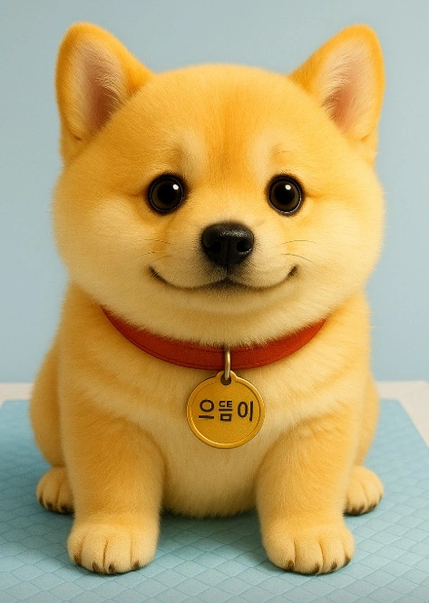 똘망똘망한 눈빛의 강아지가 앉아있음. 목에는 으뜸이라는 이름이 걸려있음
