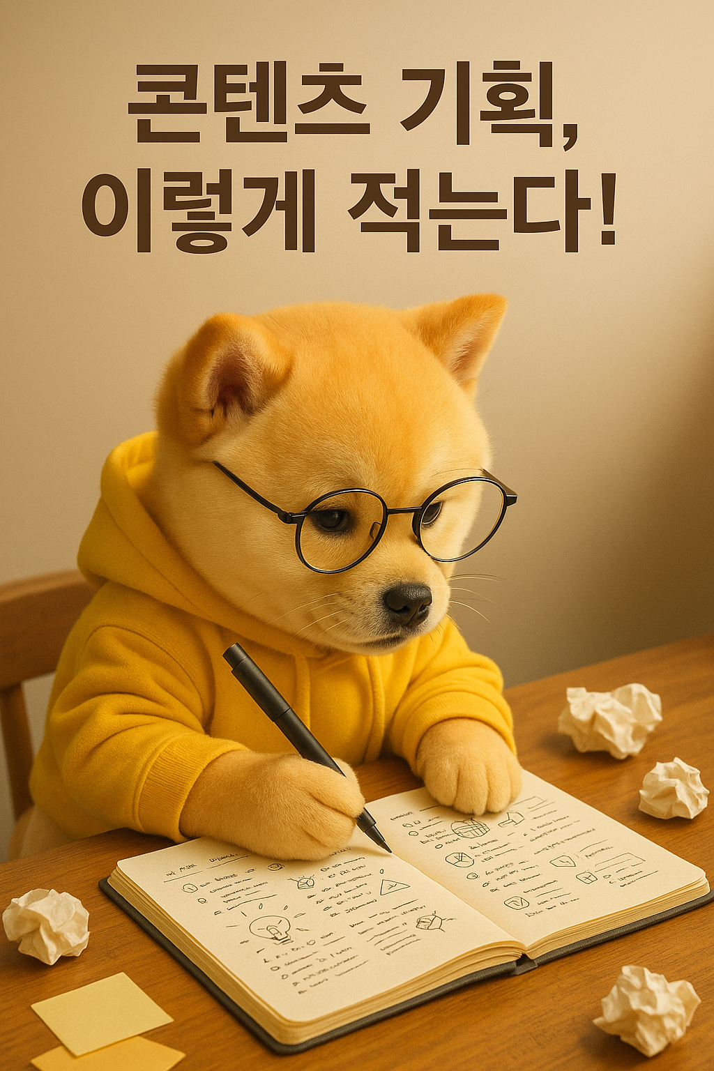 노란 후드티를 입은 노란 강아지 으뜸이가 안경을 쓰고 펜을 들고 뭔가를노트에 적고 있다. 옆에는 실패한 종이인지 구긴 종이들이 있고 위역백에 "콘텐츠기획 이렇게 적는다!"라고 적혀있음.