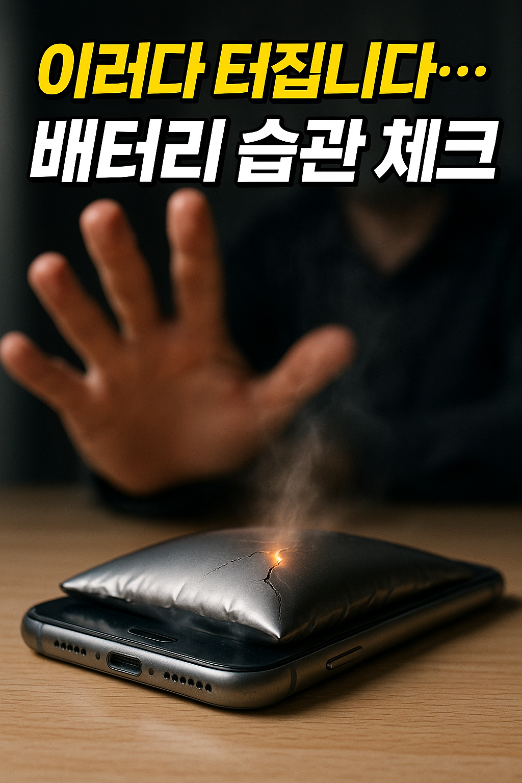 핸드폰이 테이블 위에 있고 부풀어 오르면서 연기가 나고 있고 다급한 손이 뒤에 보인다. 위에 텍스트 이러다 터집니다...베터리 습관체크 라고 되어있다.