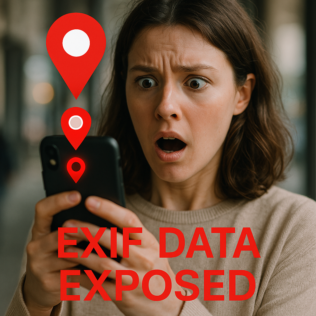 여자가 핸드폰을 보고 놀라는 모습. 아래에 빨간색으로 EXIF DATA EXPOSED 라고 적혀있음.